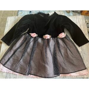 ROSE COTTAGE Girls Fancy Black Velour Pink Damask Rosettes Dress Sz 12 mo.